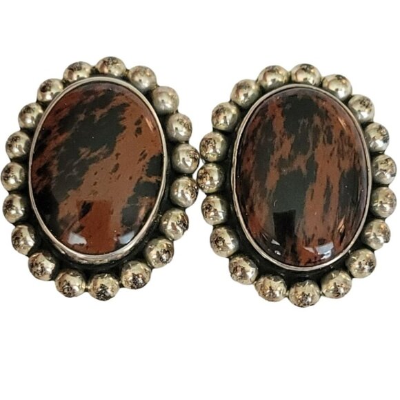 Sterling 925 Mexico Mahogany Obsidian Oval Clip On Earrings K49 - Picture 1 of 9